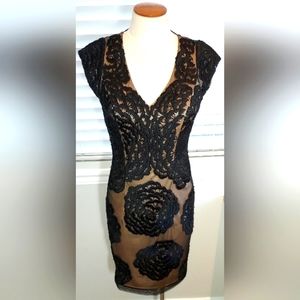 Sue Wong Black Beaded Floral Pattern Dress with Tan Lining NWT